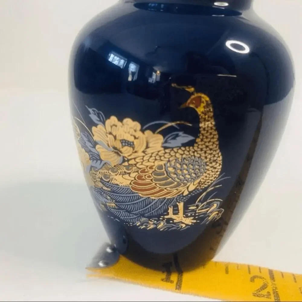 Vintage Cobalt Blue Peacock Bud Vase‎ Gold Floral Ceramic Small Decorative 3 IN
